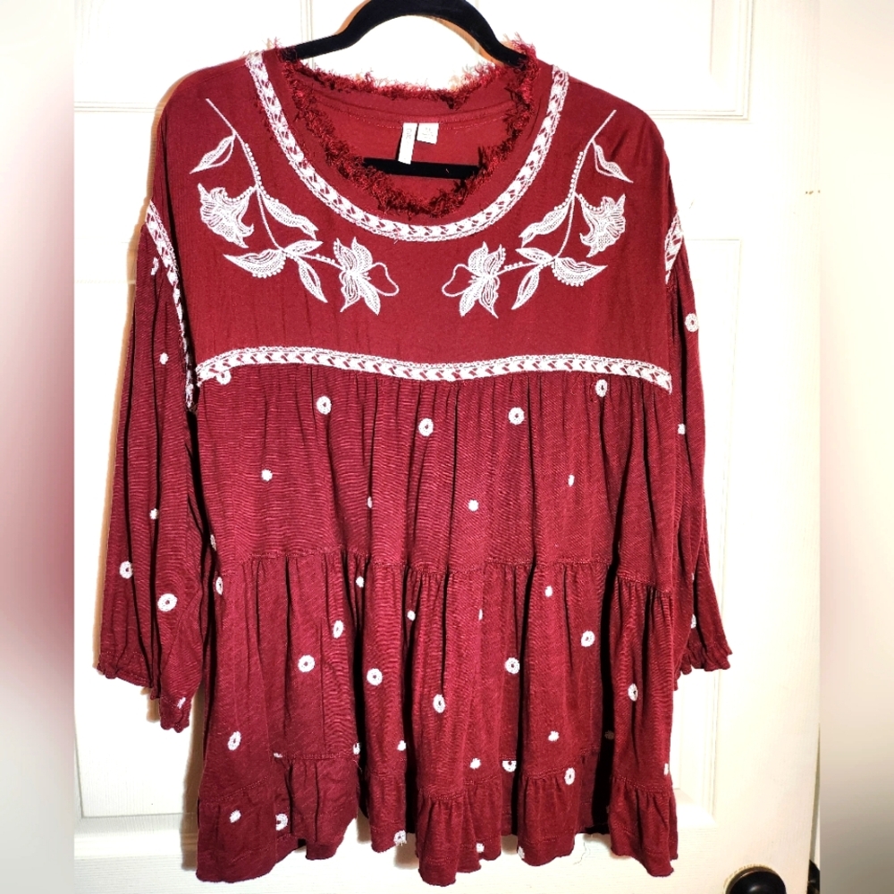 Cato Deep red blouse with embroidery embellishments,